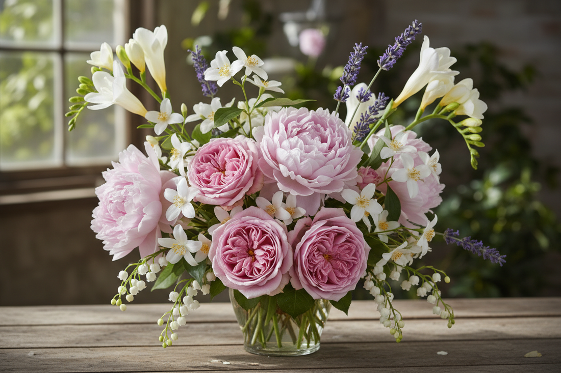 floral olfactory family elements. must be real flowers. for example mix of rose, peony, jasmine, lavender, white flowers, lilly of the vallet